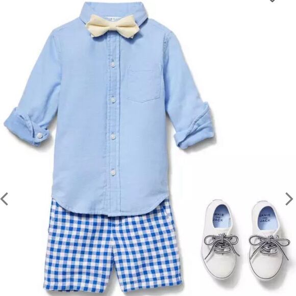 Janie and Jack, Blue Gingham Checker Plaid Linen Blend Shorts, Adjustable Boys 5 - Picture 14 of 14